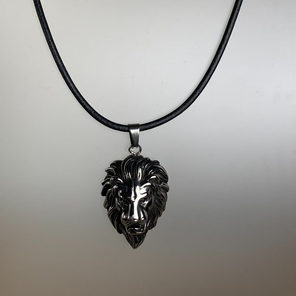NEW 316L Stainless Steel Lion Head Pendant on a Black Cord Necklace - Picture 3 of 4